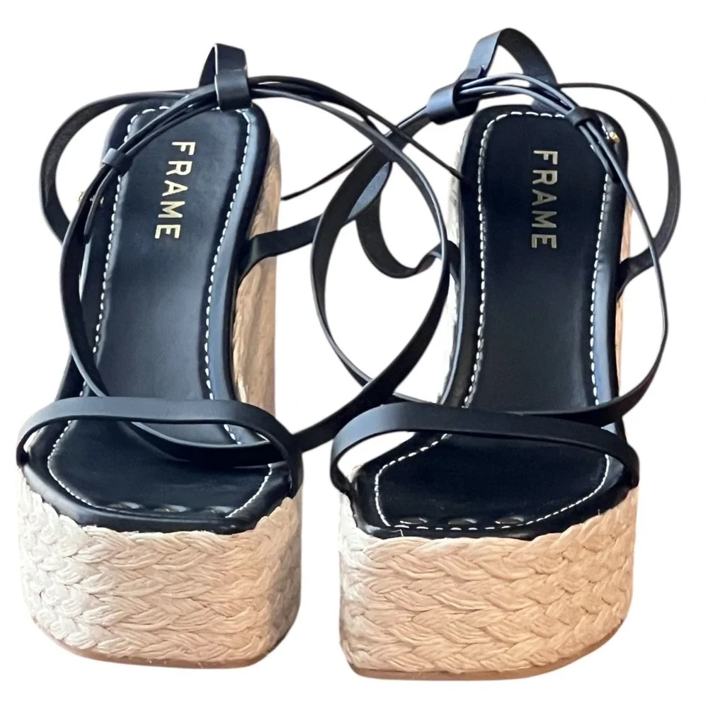 FRAME Black Leather Espadrille Platform‎ Wedge Sandals Ankle Strap Size 10 EU 41